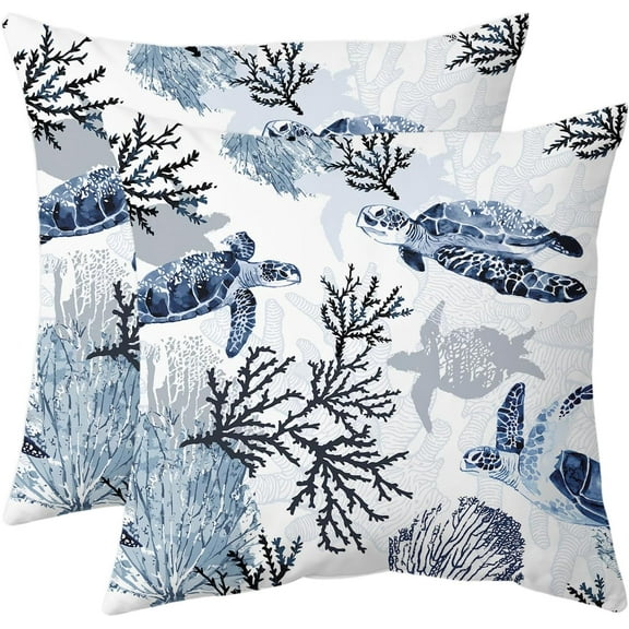 Nautical Coastal Throw Pillow Covers Set of 2 Beach Themed Ocean Coral Sea Turtle Decorative Pillow Cases Outdoor Sofa Cushion Cover for Bedroom Living Room, 18x18, Blue
