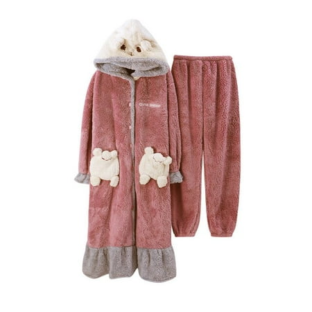 

DanceeMangoo FUNISHI Women Sleepwear Coral Fleece Winter Pajamas Cartoon Nightdress Loose Version Hooded Inspissate Plus Size Pajama Set