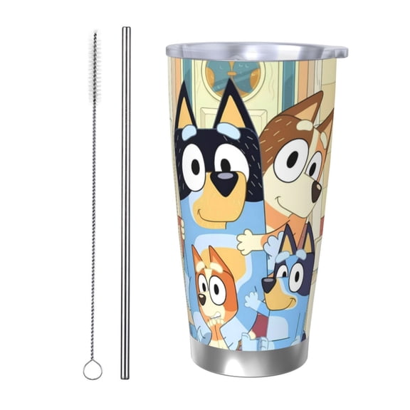 Netaao Bluey for Travel Coffee Tumbler 20 oz Car Cup Stainless Steel Tumblers Gifts for Dad, Birthday Gifts for Men-Straw Two-piece Set