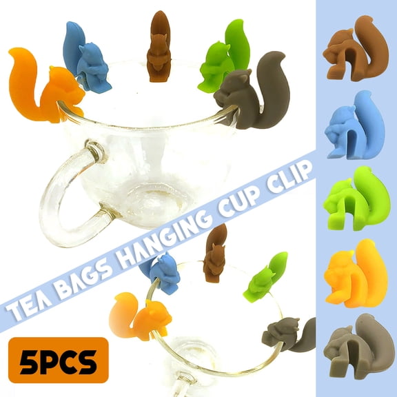 Silicone Tea Bag Holder Clip Set | Squirrel Cup Marker | Food Grade Kitchen Gadget | Reusable Drink Accessories | Easy Clean | 5 Pack | 1x1 Inch Each | Decorative Travel Tool