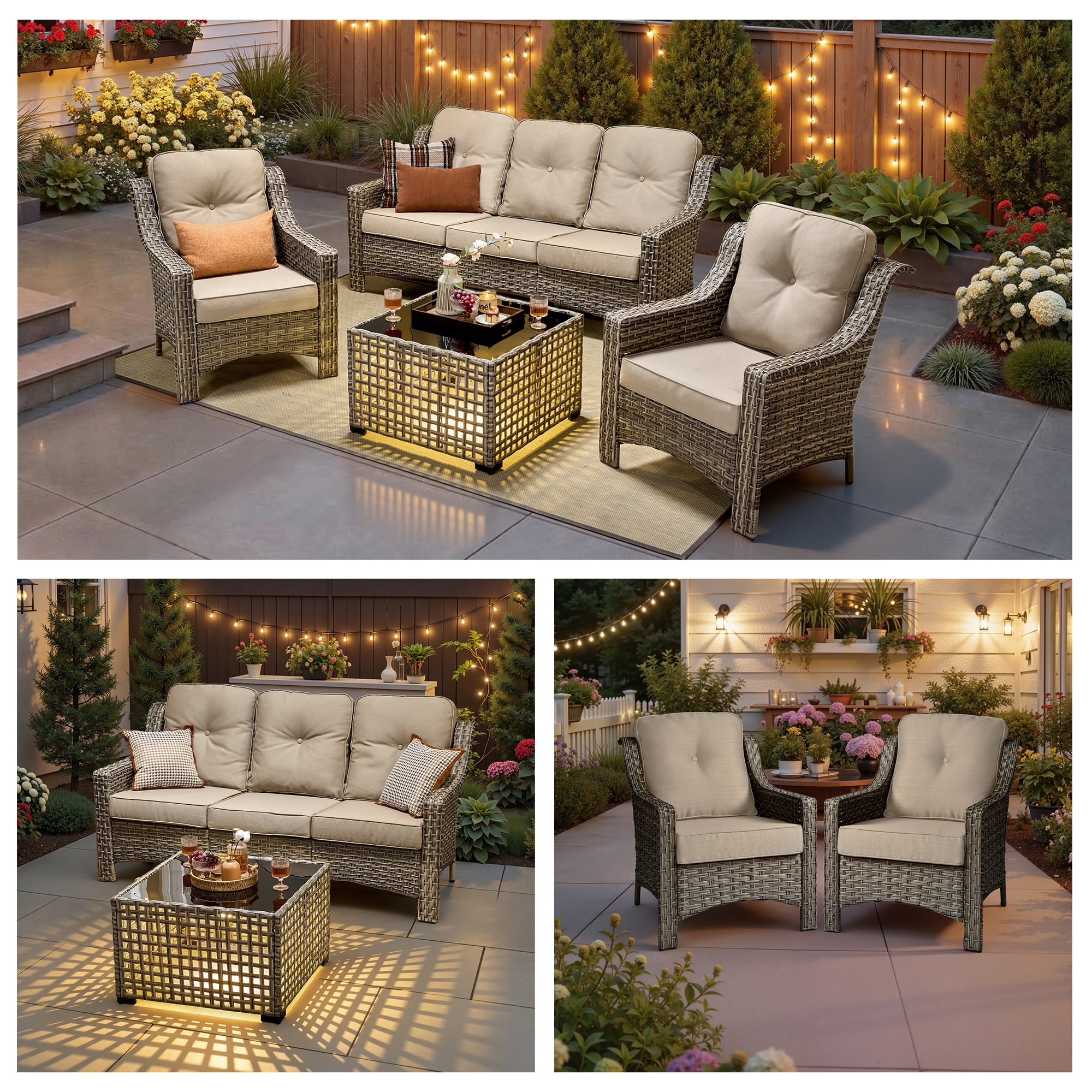 Ovios 4 Pieces Outdoor Furniture Set High Back All-Weather Wicker Patio Conversation Set with Solar Light Coffee Table, Beige