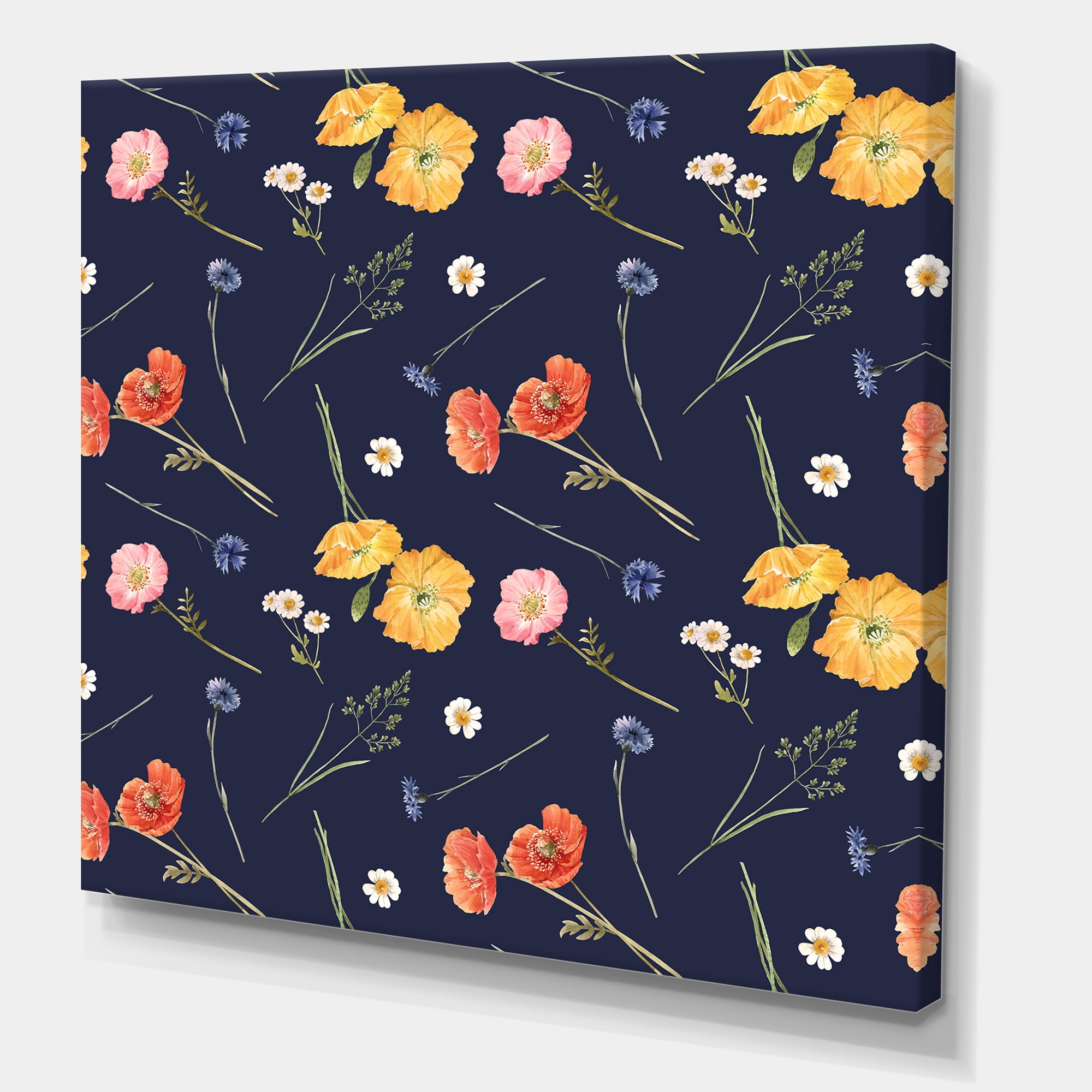 Designart ' Yellow and Orange Wild Flowers On Dark Blue ' Traditional Canvas Wall Art Print