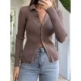 thumbnail image 3 of Women'S Casual Simple Solid Color Long Sleeve Shirt Wool Top Button Striped Lapel Work Shirt Camel XL, 3 of 6