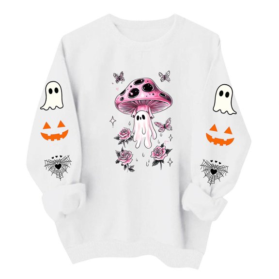 Women's Halloween Sweatshirt Pink Mushroom Ghost Graphic Pullover Tops Long Sleeve Crewneck Fall Casual Holiday Shirts