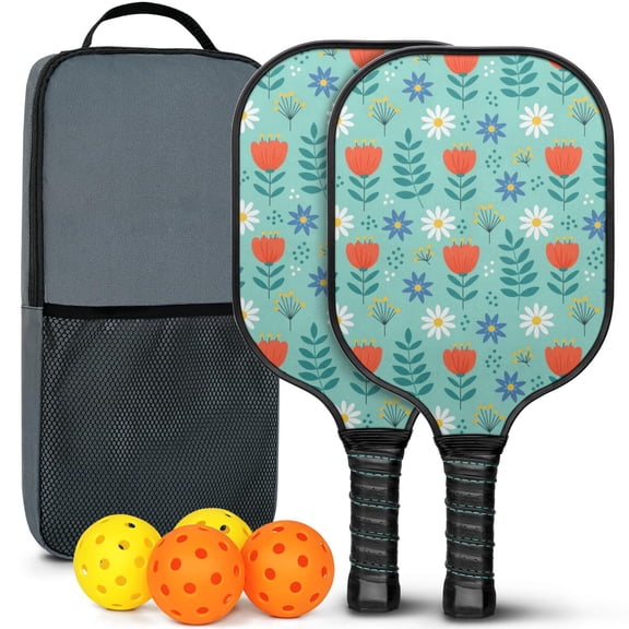 Pickleball Paddles Set,Pioneer Flower Floral Print Pattern Fiberglass Surface Pickleball Racket Set with 2 Indoor Outdoor Pickleball Balls and Pickleball Bag,Pickle-ball Equipment