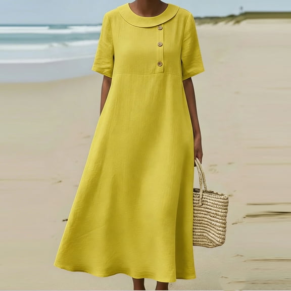 Blmnix Dresses for Women Button Down Beach Dress Popover Under Dress Crew Neck Tea-Length Short Sleeve Casual Dresses for Women,M