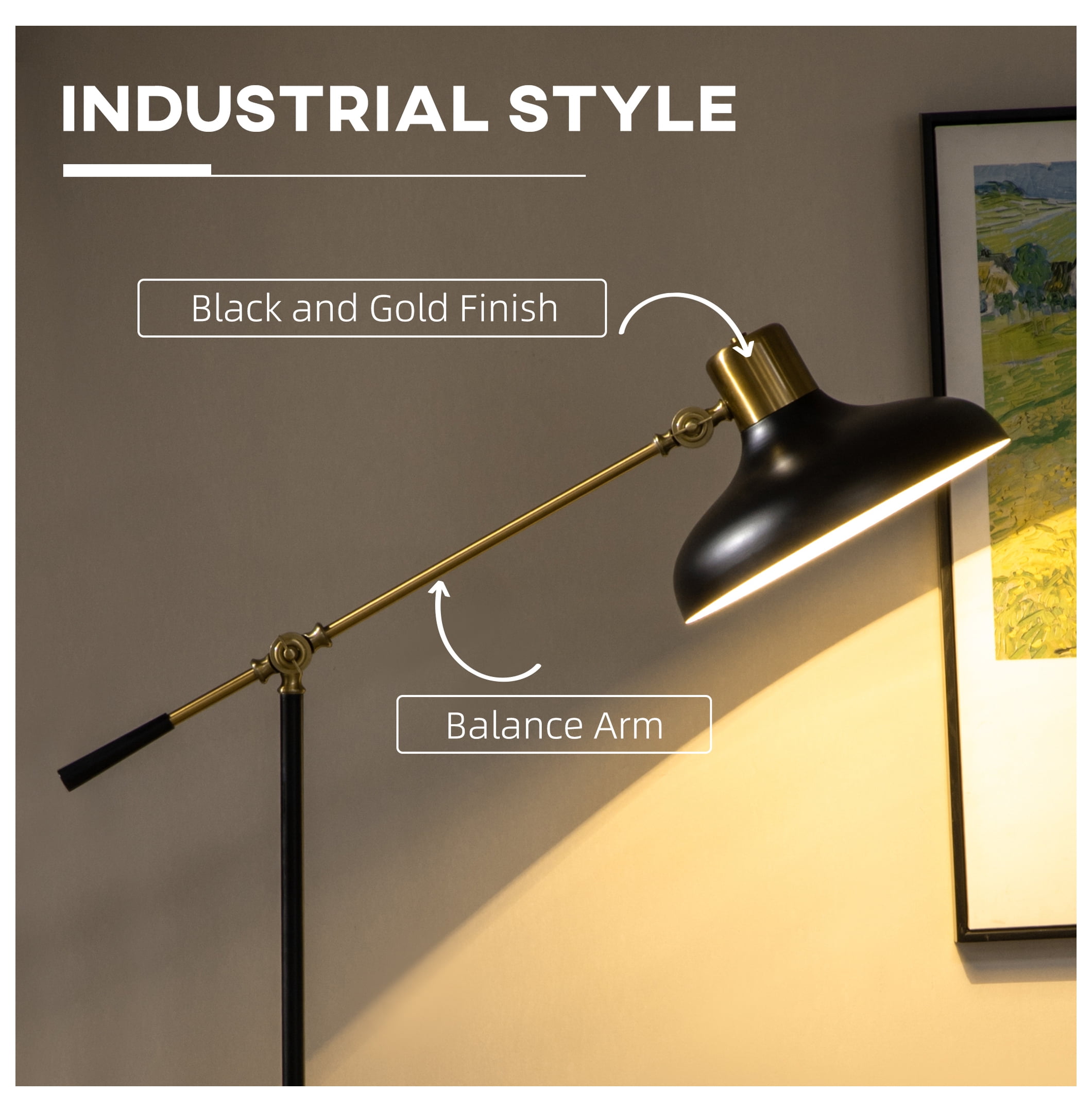 Adjustable Floor Lamps for Living Room, Standing Lamp for Bedroom with Balance Arm, Adjustable Head and Height, Tall Black and Gold Lamp (Bulb not Included)