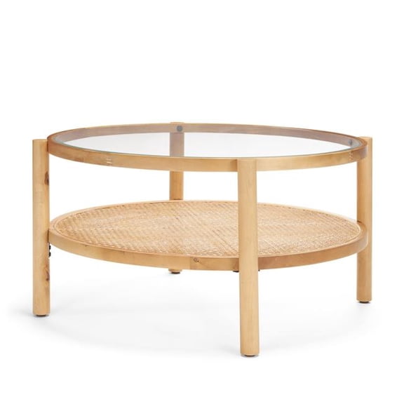 HomeRoots 602913 34 in. Clear & Natural Glass & Solid Wood Round Coffee Table with Shelf