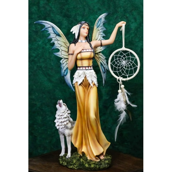 Large Fairy  Holding Dreamcatcher With Grey Wolf Statue