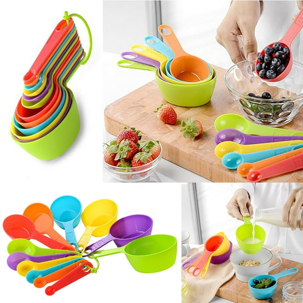 Fiudx Tazas Medidoras Coloridas, Juego Apilable de 12 Piezas, Cucharas de Cocina de Plástico Resistentes, Anillo de Fácil Almacenamiento, Precisión para Hornear y Cocinar, Ideal para Entusiastas de L