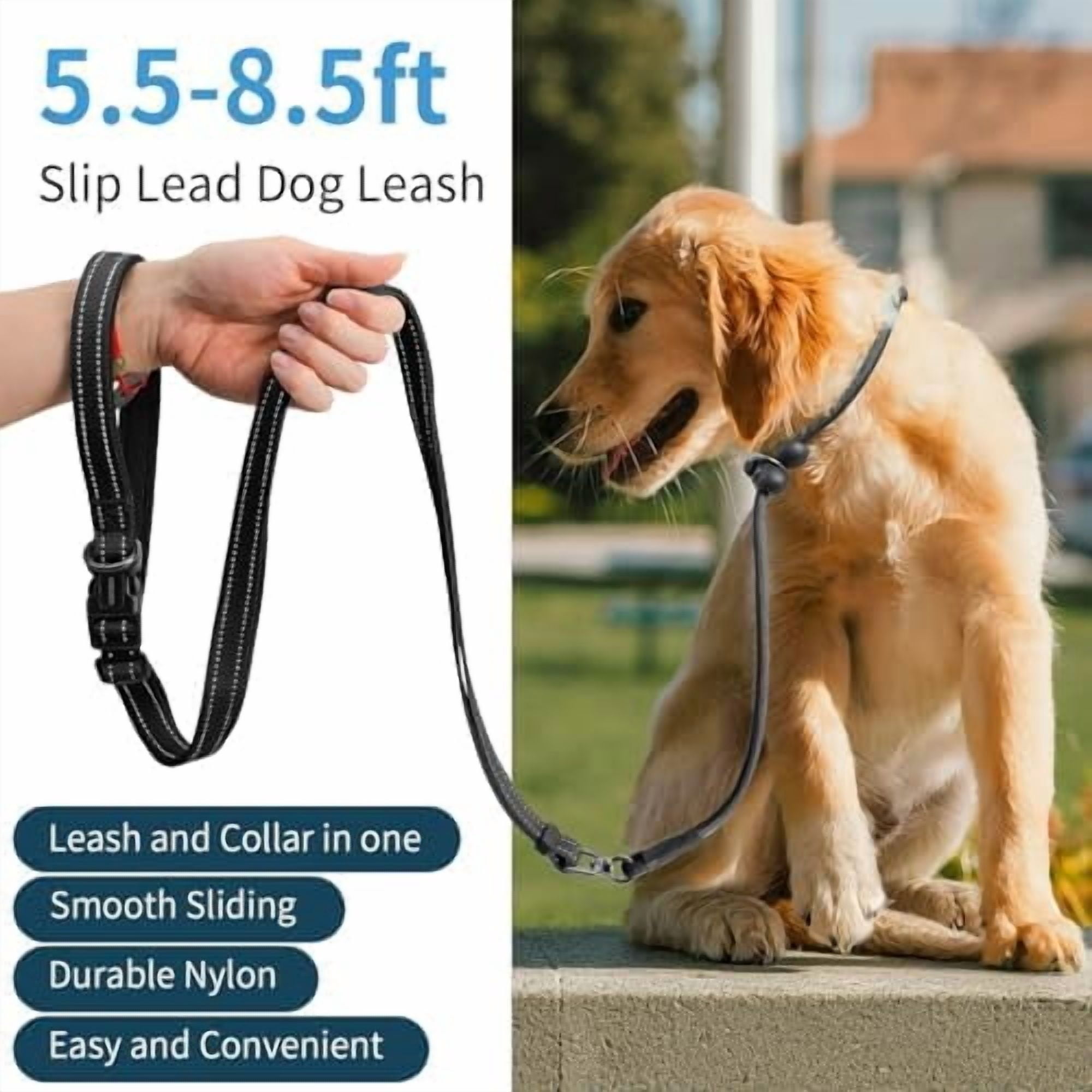 Slip Lead Dog Leash, Hands-Free No Pull Training Leash with Padded Handle for Medium Large Heavy Duty Dogs, Black