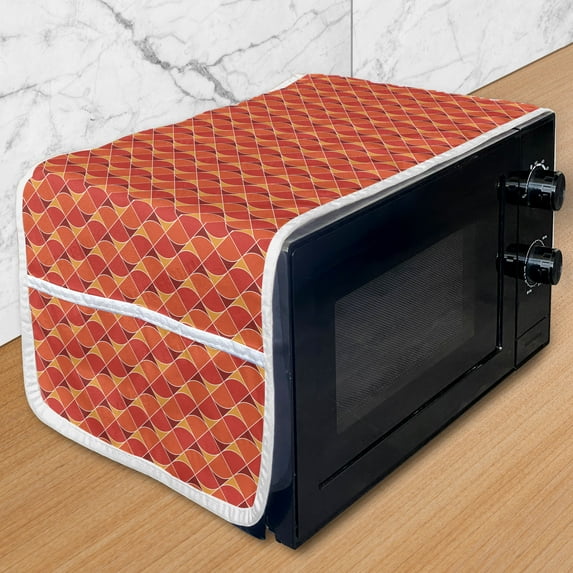 Abstract Microwave Oven Cover, Retro Funky Diagonal Straight Composed as Vertical Wavy Streaks, Water Resistant Organizer with Pockets Kitchen, 36" x 12", Vermilion Maroon and Mustard, by Ambesonne