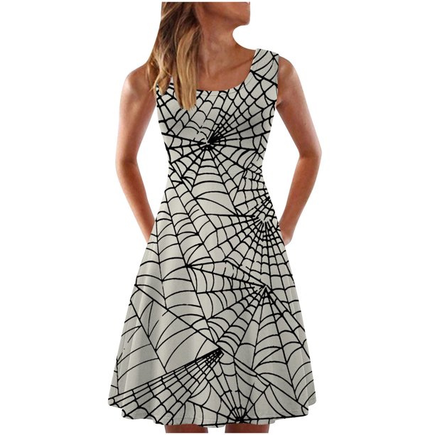 Mujeres Casual sin mangas tanque vestidos cuello redondo verano Halloween estampado vestido para fiesta Pompotops ghjkhdj6121