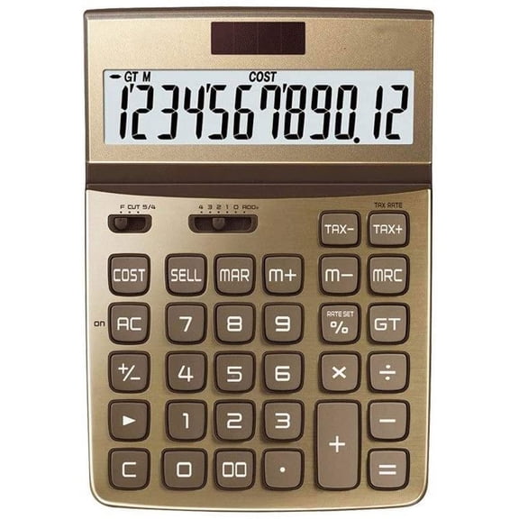 Calculator, Standard Function Desktop Calculators with 12 Digit Large LCD Display and Sensitive Button, Solar Battery Dual Power Office Calculator - Gold
