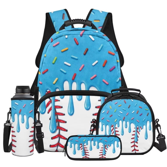Yuyamidu Blue Baseball Backpack for Boys Girls with Lunch Box Cute Bookbag and Lunch Bag Set for Kids Middle School Book Bag and Lunchbox Pencil Case Water Bottle Holder with Strap, 4 in 1