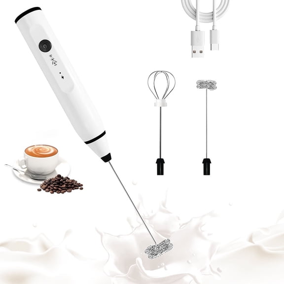 Vanel Handheld Milk Frother USB Rechargeable, 3‑Speed Electric Egg Beater with 2 Stainless Steel Whisks, for Latte, Cappuccino, Hot Chocolate, White