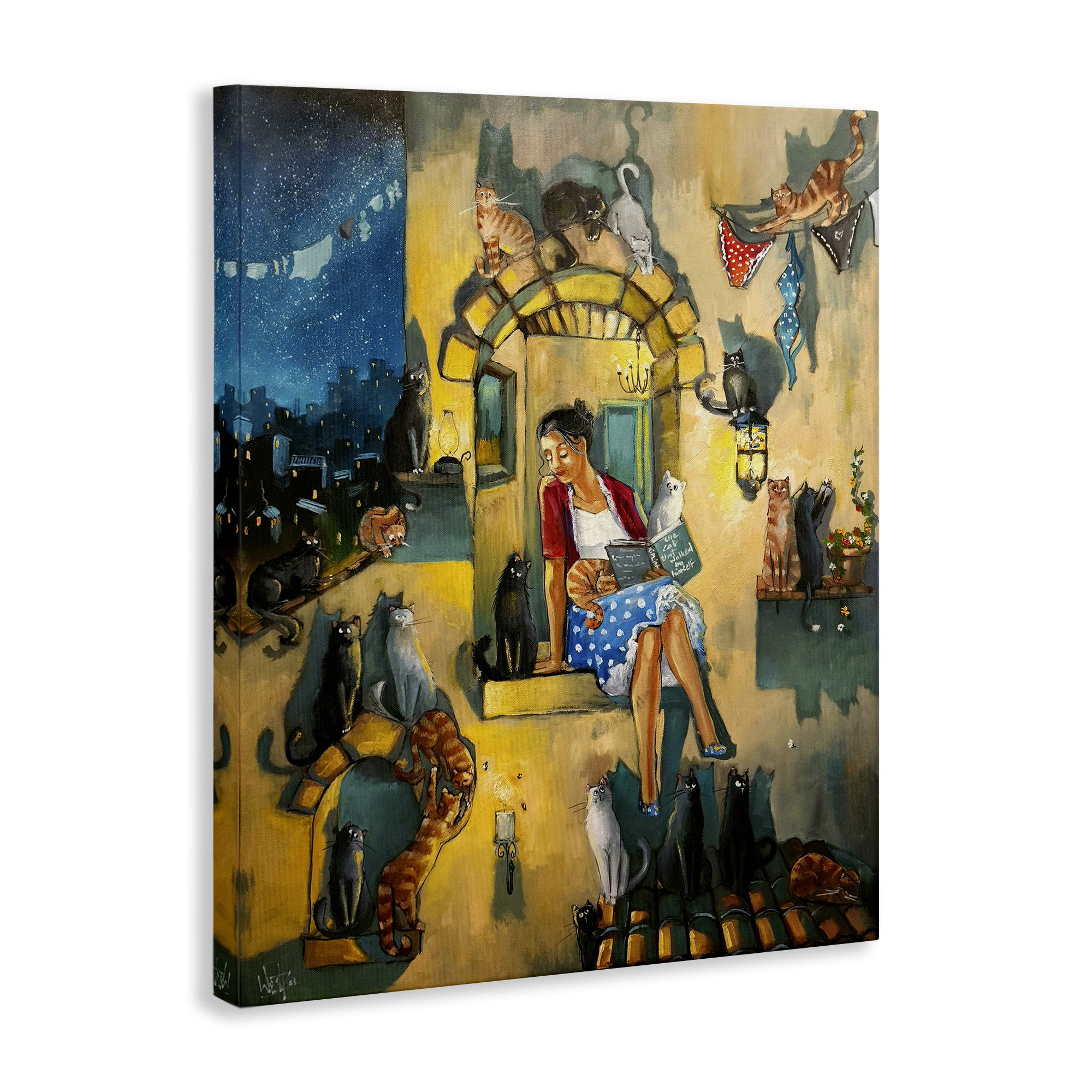 Stupell Industries Window Scene with Cats Town & City Painting Gallery Wrapped Canvas Art Print Wall Art, 16 x 20