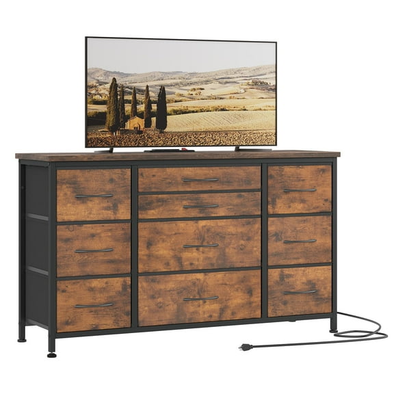 QinaQin Mueble para TV de 55 pulgadas con 8 cajones, luces LED y contacto, consola amplia con cubierta de madera para recámara o sala
