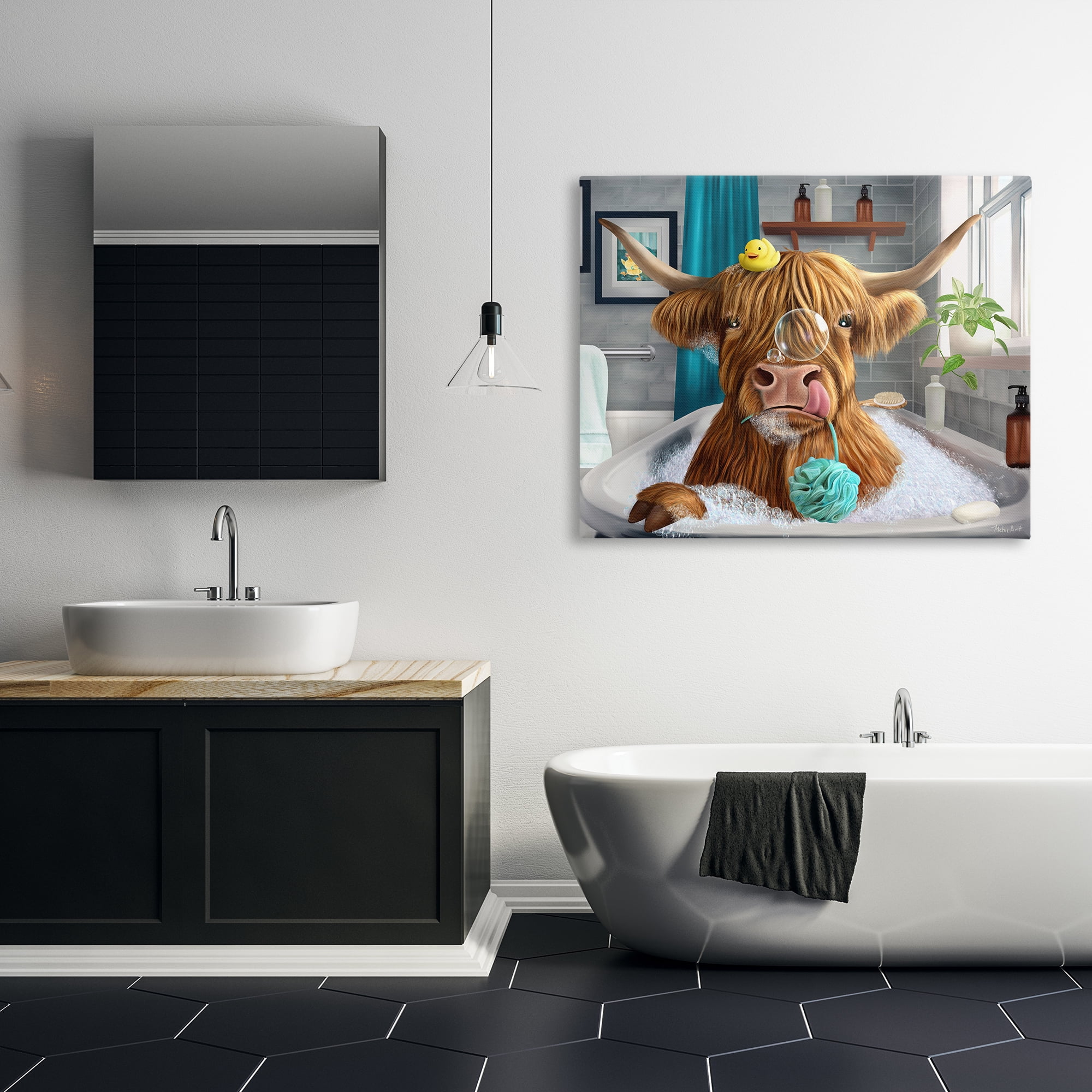 Stupell Industries Highland Cow Bubble Bath Bath & Laundry Painting Wrapped Canvas Art Print Wall Art, 48 x 36