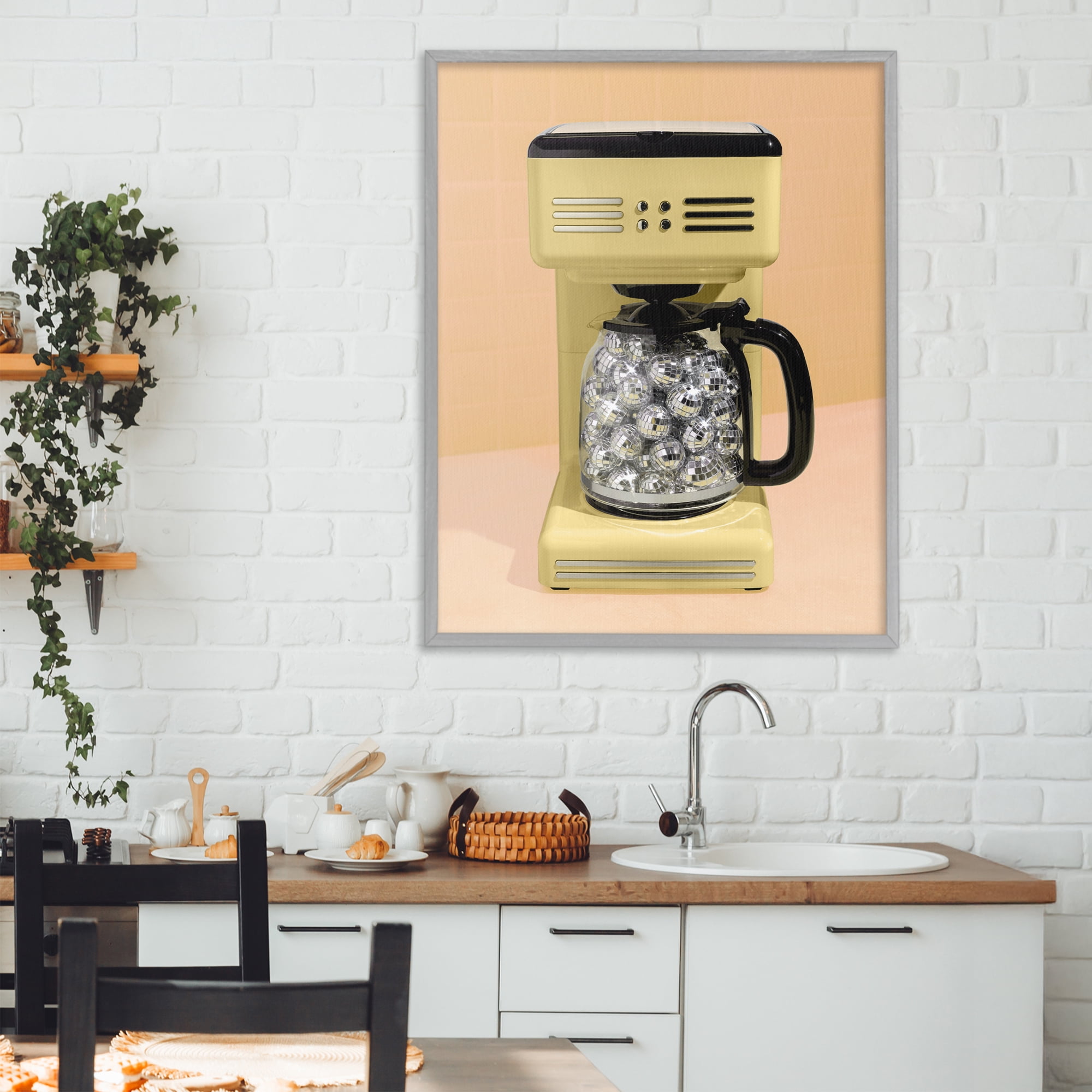 Stupell Industries Disco Coffee Maker over Yellow Gray Framed Giclee Art, design by LISH Creative