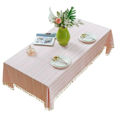 

Tablecloths For Rectangle Tables Solid Color Openwork Striped Tablecloth With Tassel Washable Cotton Linen Elegant Table Cloth For Home Dining Living Room Wedding -Pink-204x204cm(80x80 )