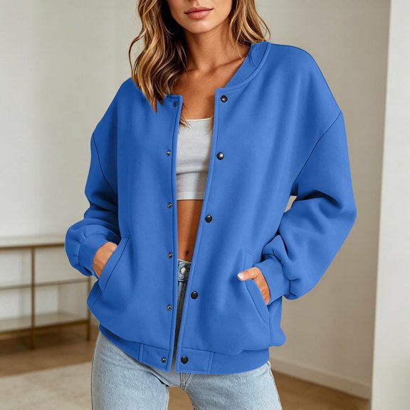 Bomber Jacket for Women Casual Snap Button Sweatshirt Long Sleeve Plain Jackets Women's Fall Winter Outfits (Blue S)