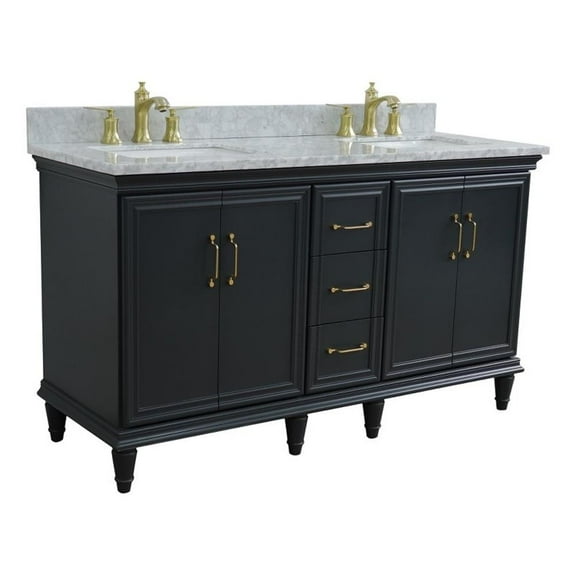 61 in. Double Wooden Vanity Dark Gray White Carrara Marble Rectangle Sink