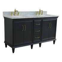 61 in. Double Wooden Vanity Dark Gray White Carrara Marble Rectangle Sink