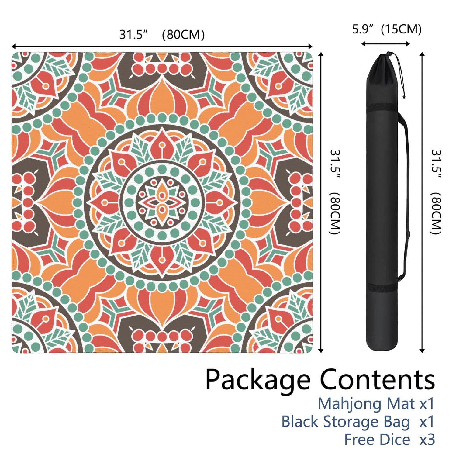 Mandala Mahjong Mat for Table, 31.5*31.5in Anti Slip American Mahjong Table Cloth, Noise Reduction, Neoprene Mah jongg Mat with Carrying Bag & 3 Dices, Mahjong Accessories Gift, Board Tile Games Mats