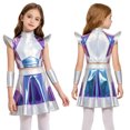 thumbnail image 2 of iiniim Girls 3 Pieces Halloween Alien Cosplay Outer Space Outfit Cap Sleeve Glossy Color Block Top and Skirt with Oversleeves for Role Play Party Colorful 16, 2 of 7