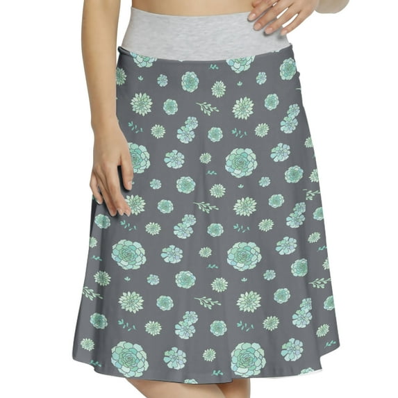 Women's Aqua and Grey Succulent Plants Art A-line Printed Skirt Casual Wear, S, Grey Aqua and Pale Blue, by Ambesonne