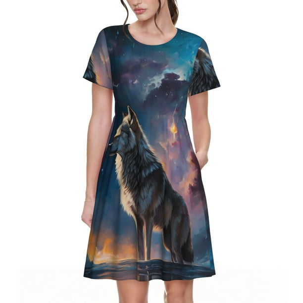 Disketp Night Sky Wolf para Vestido de Manga Corta para Mujeres, Vestidos de Verano para Mujeres, Casual y Holgado para la Playa