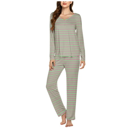 SwiftWear Pajamas for Women Set Striped Home Clothing Long Sleeve V Neck Shirts Pants 2 Piece Lounge Set Comfy Sleepwear Gray S