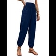 thumbnail image 1 of Pantalones de Verano Bohemios Informales de Negocios, Plisados, Elásticos, de Cintura Alta, de Pierna y con Bolsillos para Mujer. Azul Marino L, 1 of 9