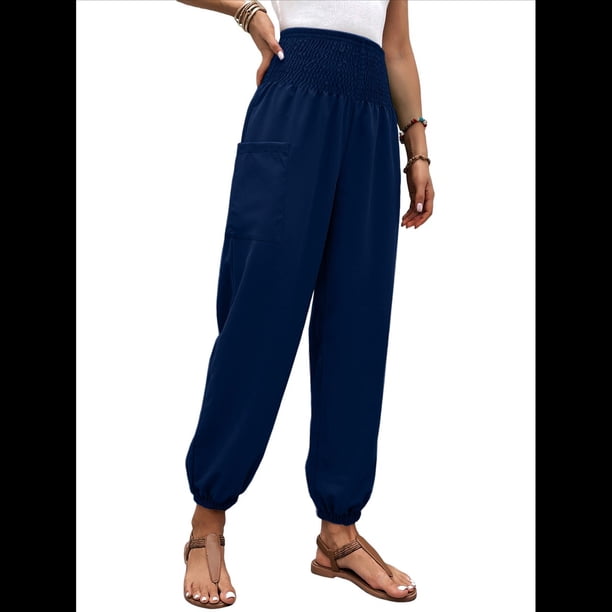 Pantalones de Verano Bohemios Informales de Negocios, Plisados, Elásticos, de Cintura Alta, de Pierna y con Bolsillos para Mujer. Azul Marino L
