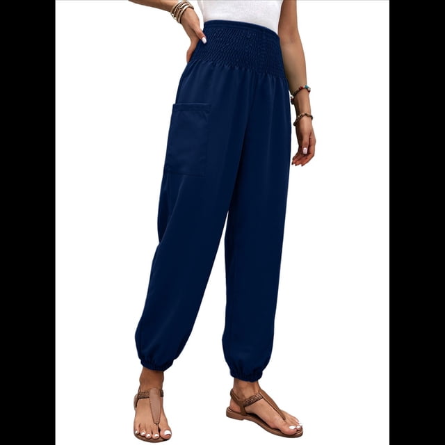 Pantalones de Verano Bohemios Informales de Negocios, Plisados, Elásticos, de Cintura Alta, de Pierna y con Bolsillos para Mujer. Azul Marino L