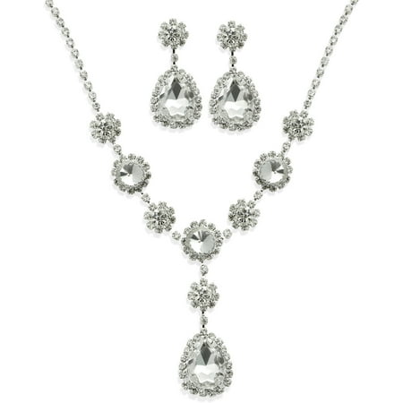 Glass Crystal Rhinestone Silver-Tone Teardrop Necklace and Earring Set, 16.5