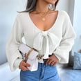 thumbnail image 3 of Women Long Sleeve Crop Front Bowknot Ribbed Knit Pullover Sweaters Fall Winter V Neck Crop Tops Pullover White S, 3 of 8