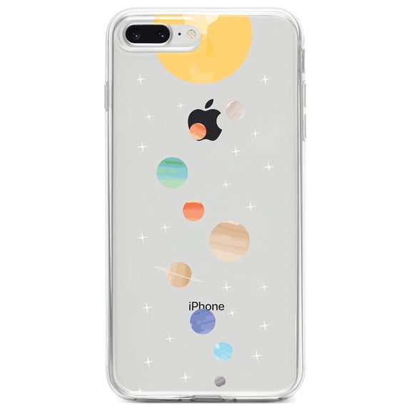 DistinctInk Clear Shockproof Hybrid Case for iPhone 7 PLUS / 8 PLUS (5.5" Screen) - TPU Bumper, Acrylic Back, Tempered Glass Screen Protector - Solar System - Planets with Sun