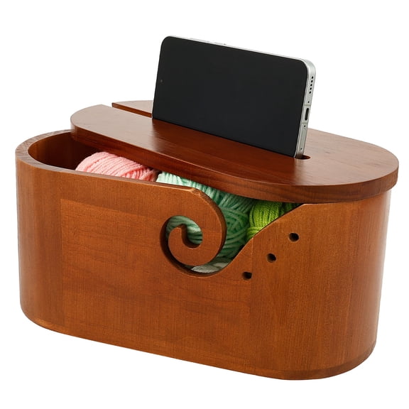 Oval Wooden Yarn Bowl with Lid Smooth Knitting Yarn Storage Holder Crochet Bowl with Double Curling Slot for Crocheting and Knitting Lovers