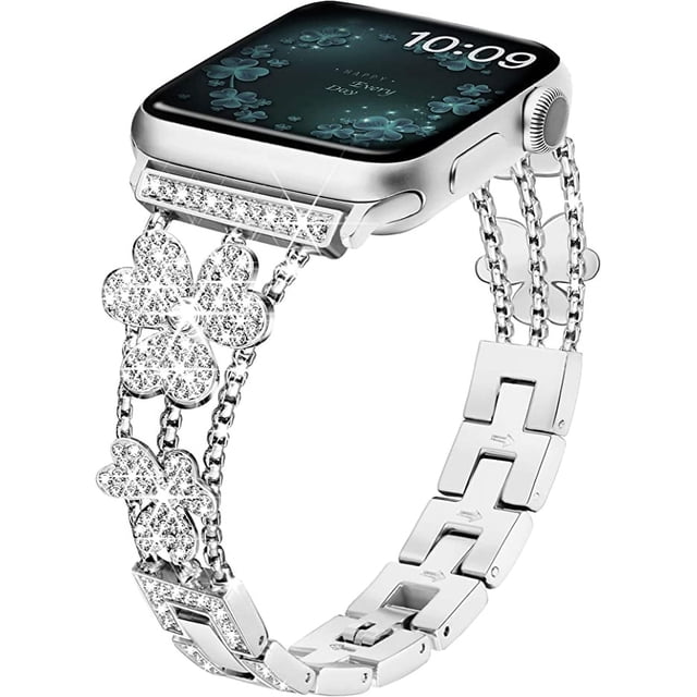 Compatible con Apple Watch Band 38 mm, 40 mm, 41 mm, pulsera de moda para mujer, linda correa de metal con brillo, correa fina de diamante de lujo para iWatch Series 7 SE 6 5 4 3 2 1-Plata