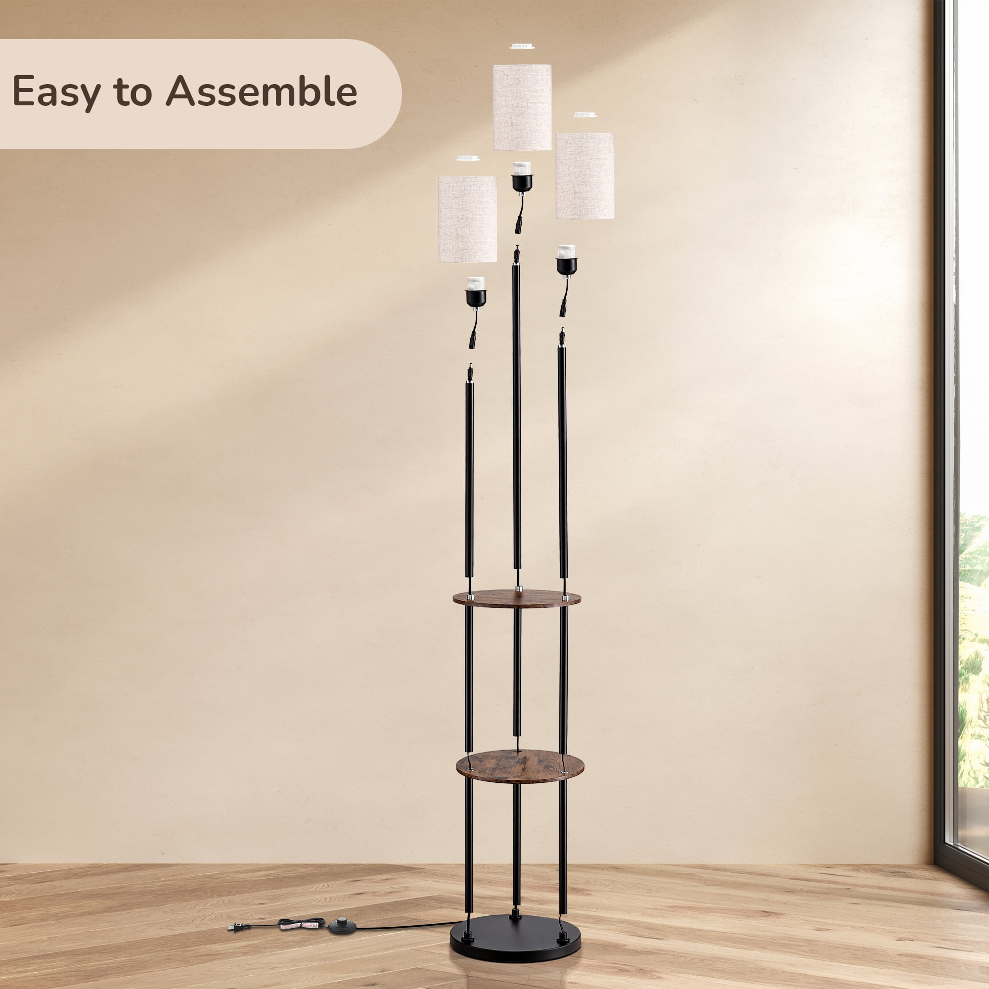 EDISHINE Floor Lamps with Shelf for Living Room, Tall Standing Farmhouse Floor lamp, Heavy Duty 3 Lights with Linen Shades