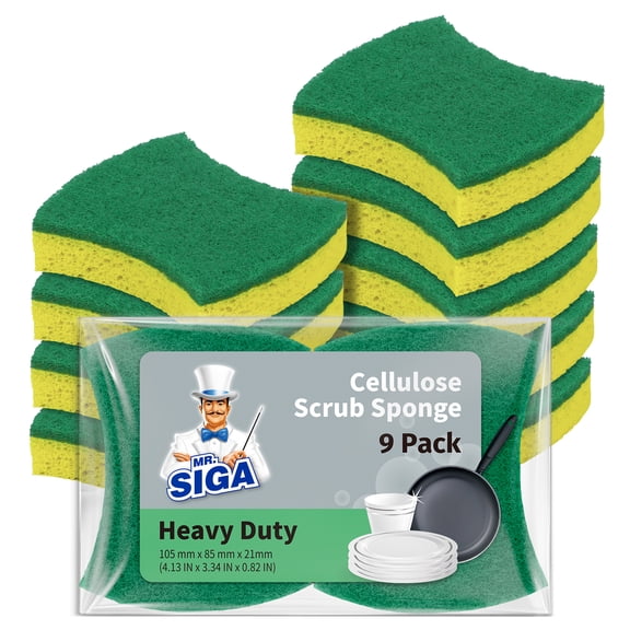 MR.Siga Cellulose Scrub Sponge Strong Absorbent, Dual-Sided Dishwashing Sponge for Kitchen, 9 Pack