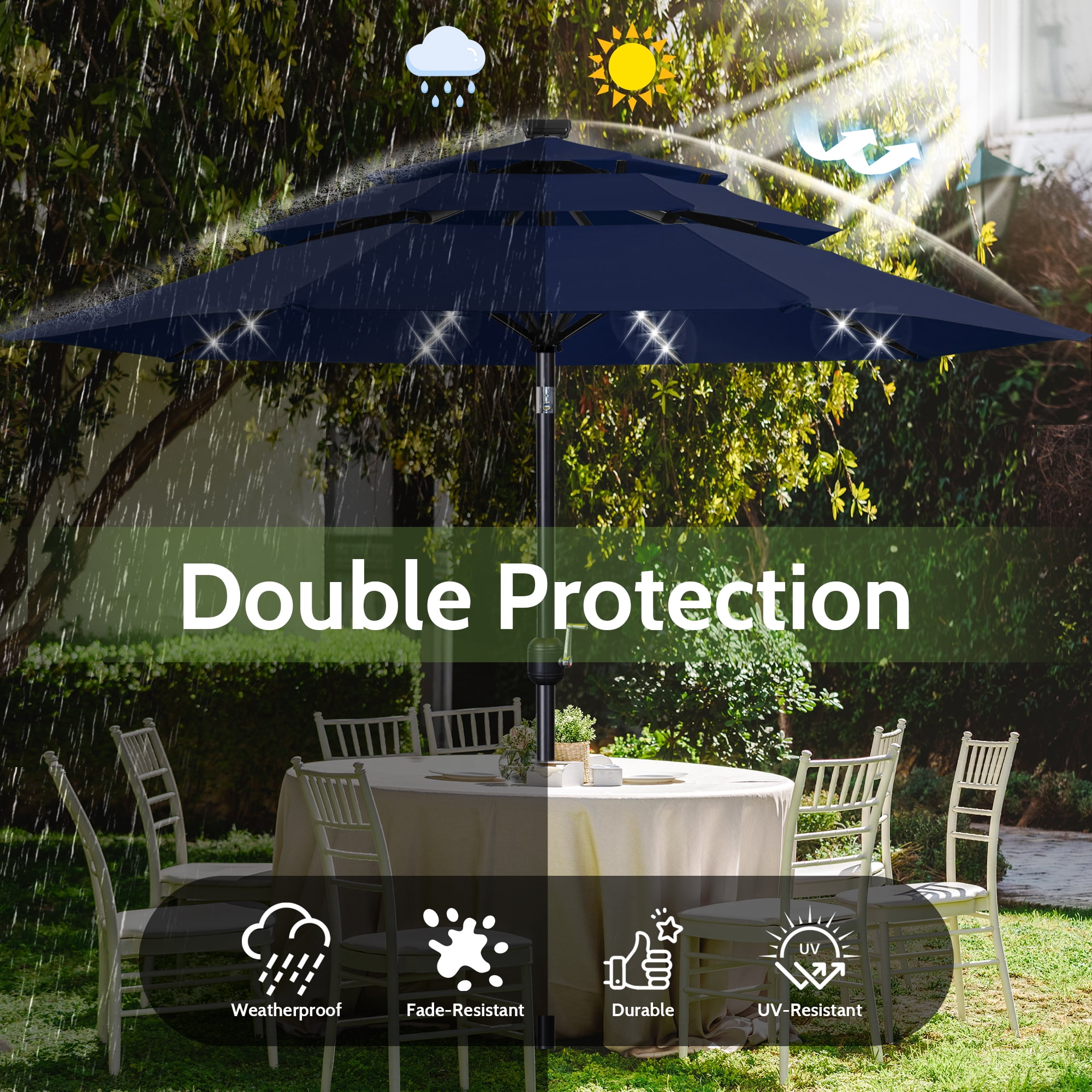 Scafild | 10ft Outdoor Patio Umbrellas with Solar Lights, 3 Tier Vented Large Market Table Umbrella with 8 Sturdy Ribs & 1.5" Pole UV Protection for Garden Deck Backyard Pool - Navy