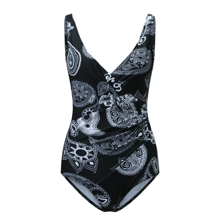 Cethrio Plus Size One Piece Swimsuit for Women- Sexy Flower Printing  Backless One-Piece Beachwear Set Swimwear Black