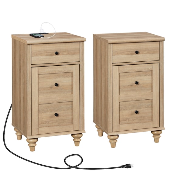 Set of 2 Oak End Tables with Drawers, Mid Century Modern Wooden Nightstands