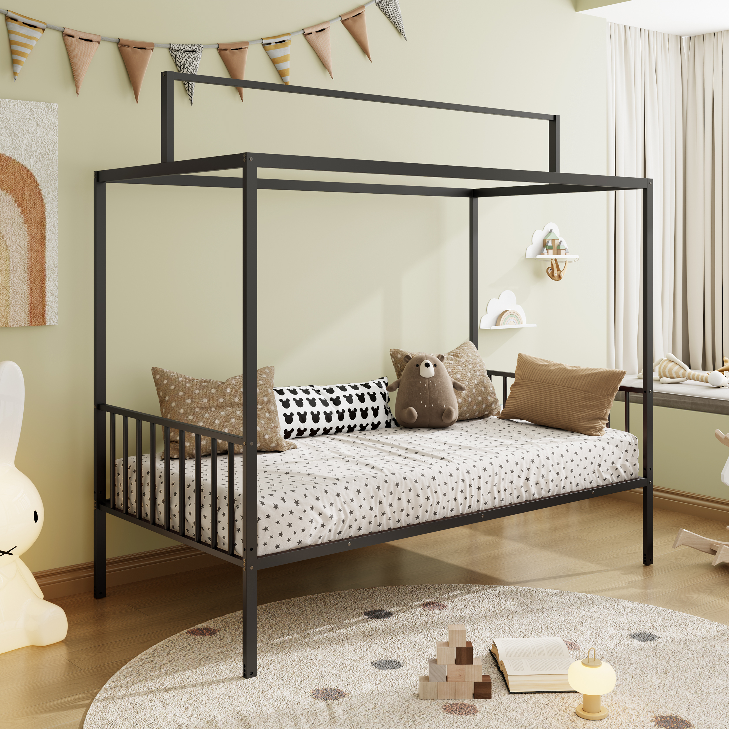 Euroco 3-in-1 Convertible Montessori Metal Bed, Toddler Bed, Floor Bed, Platform Bed,Modern Minimalist Design Canopy Bed Flame, Easy Assembly, Twin Size, Black