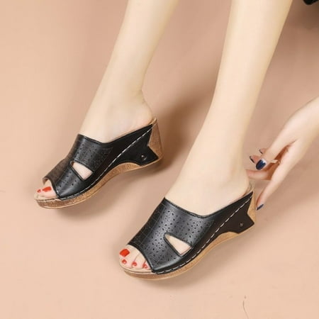 

absuyy Women s Platform Sandals Casual Hollow Fish Mouth Wedges Summer Slide Sandals #546 Black
