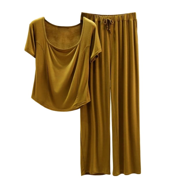 RXMEKW Ensemble de Pyjama pour Femmes, Ensemble de Détente 2 Pcs en Mélange de Lin avec Encolure Ronde et Coupe Ample pour Tenue d'Intérieur et Tenue Décontractée