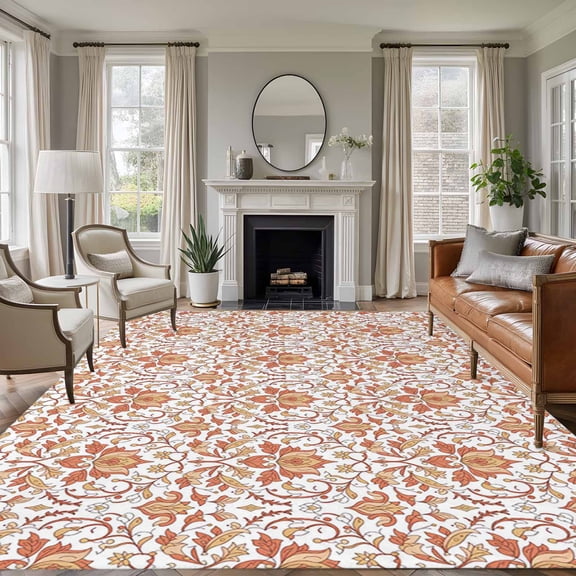 Area Rug for Living Room, Red Flowers Non-Slip Indoor Large Carpet for Bedroom/Dining Room, Boho Ethnic Neutral Floral Motifs Art Washable Low-Profile Rectangle Floor Runner Rugs - 5 x 8 Ft